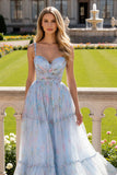 Vestido largo de fiesta con tirantes finos florales azules