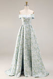 Vestido largo de baile de satén azul blanco con estampado en A-line y hombro descubierto