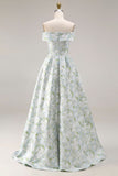 Vestido largo de baile de satén azul blanco con estampado en A-line y hombro descubierto