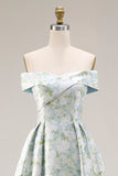 Vestido largo de baile de satén azul blanco con estampado en A-line y hombro descubierto