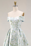 Vestido largo de baile de satén azul blanco con estampado en A-line y hombro descubierto