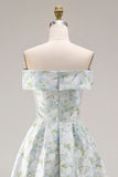 Vestido largo de baile de satén azul blanco con estampado en A-line y hombro descubierto