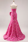 Vestido largo de graduación largo de sirena floral fucsia fucsia con abertura lateral y lazo
