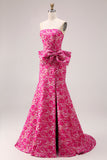 Vestido largo de graduación largo de sirena floral fucsia fucsia con abertura lateral y lazo