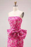 Vestido largo de graduación largo de sirena floral fucsia fucsia con abertura lateral y lazo