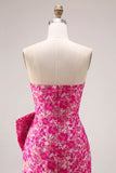 Vestido largo de graduación largo de sirena floral fucsia fucsia con abertura lateral y lazo