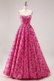 Vestido largo de graduación de fin, corsé Jacquard sin tirantes de flor fucsia