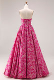 Vestido largo de graduación de fin, corsé Jacquard sin tirantes de flor fucsia