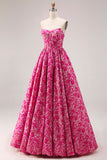 Vestido largo de graduación de fin, corsé Jacquard sin tirantes de flor fucsia