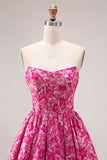 Vestido largo de graduación de fin, corsé Jacquard sin tirantes de flor fucsia