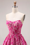 Vestido largo de graduación de fin, corsé Jacquard sin tirantes de flor fucsia