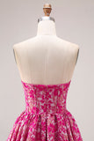 Vestido largo de graduación de fin, corsé Jacquard sin tirantes de flor fucsia