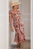 Vestido Midi de Sirena de la Madre de la Novia con Hombros Descubiertos Floral Rosa Polvoriento