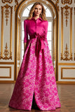 Fucsia A Line Satén Floral Vestido largo de la madre de la novia con mangas