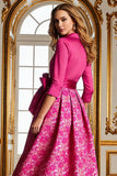 Fucsia A Line Satén Floral Vestido largo de la madre de la novia con mangas