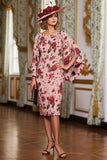Vestido de madre de la novia estampado con vaina floral rosa empolvada con mangas de capa