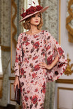 Vestido de madre de la novia estampado con vaina floral rosa empolvada con mangas de capa