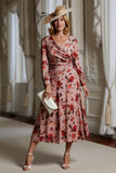 Vestido midi estampado de la madre de la novia con estampado floral rosa polvoriento con cuello en V y mangas largas