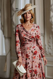 Vestido midi estampado de la madre de la novia con estampado floral rosa polvoriento con cuello en V y mangas largas