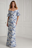 Flor azul descubierto de hombros Manga corta Funda larga Vestido de madre de la novia