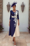 Vestido de madre de la novia midi de escote en V azul marino con apliques