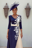 Vestido de madre de la novia midi de escote en V azul marino con apliques