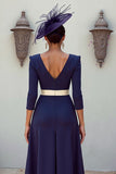 Vestido de madre de la novia midi de escote en V azul marino con apliques