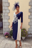 Vestido de madre de la novia midi de escote en V en línea en A azul marino