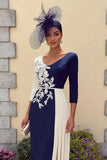 Vestido de madre de la novia midi de escote en V en línea en A azul marino
