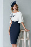 Vestido de madre de la novia con escote bateau azul marino blanco y funda