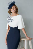 Vestido de madre de la novia con escote bateau azul marino blanco y funda