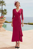Vestido de sirena de la madre de la novia con volantes rojo oscuro con escote en V