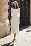 Vestido de compromiso midi con cuello de barco de sirena marfil con mangas