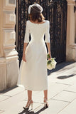 Vestido de compromiso midi con cuello de barco de sirena marfil con mangas