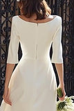 Vestido de compromiso midi con cuello de barco de sirena marfil con mangas