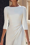 Vestido de compromiso largo con cuello de barco de satén marfil con mangas