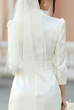 Vestido de compromiso midi de línea A con solapa de pico marfil con abertura