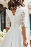 Vestido de compromiso de longitud de té con escote en V y encaje marfil