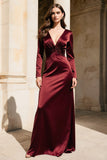 Vestido formal de satén burdeos con escote en V y manga larga