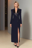 Vestido blazer de solapa azul marino con solapa y manga larga
