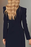 Vestido blazer de solapa azul marino con solapa y manga larga