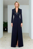 Vestido blazer de solapa con chalel azul marino y abertura