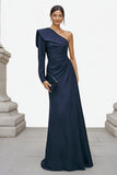 Vestido formal de sirena de un solo hombro y manga larga azul marino