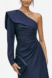 Vestido formal de sirena de un solo hombro y manga larga azul marino