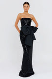 Vestido formal largo de sirena negro sin tirantes con lazos