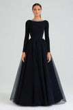 Vestido formal negro de manga larga con cuello redondo con cuentas y cuentas