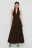 Vestido largo de invitado de boda de café A-Line A-Line Halter de satén abierto