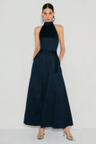 Vestido largo de satén azul marino azul marino A-Line con bolsillos