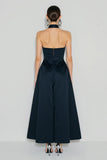 Vestido largo de satén azul marino azul marino A-Line con bolsillos