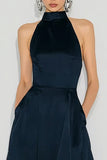 Vestido largo de satén azul marino azul marino A-Line con bolsillos